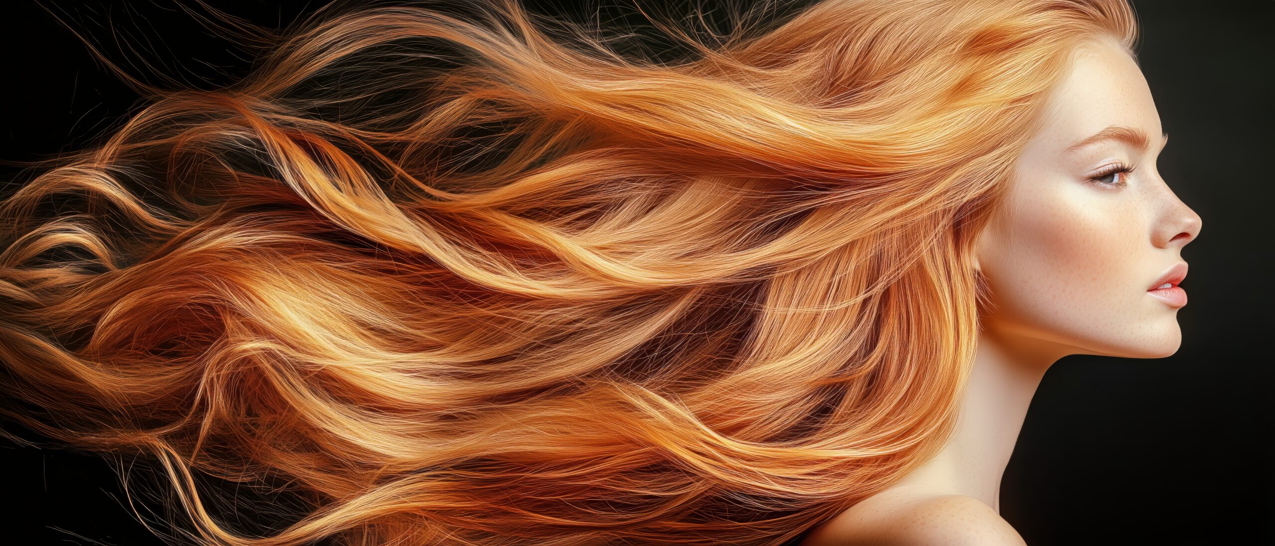 Home stunning portrait of a woman with flowing auburn hair against a dark background